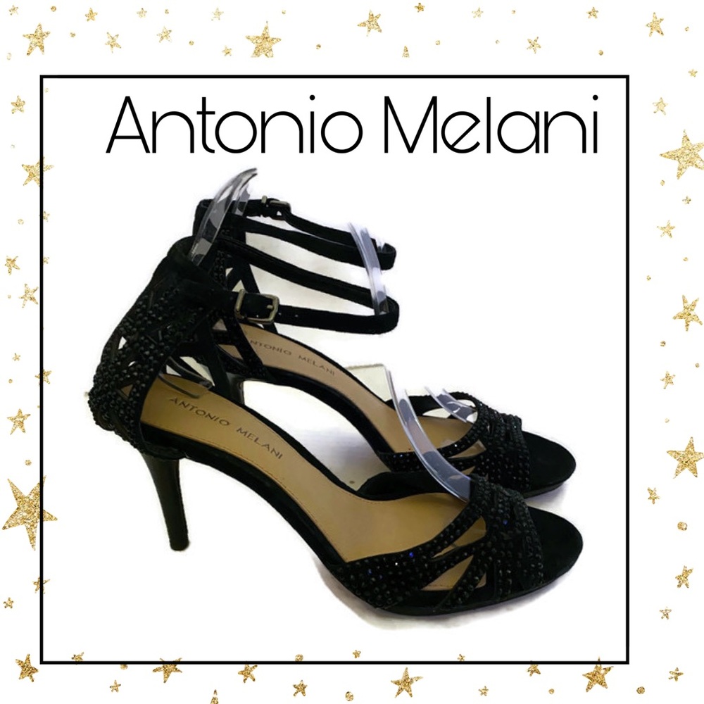 Antonio Melani Black Rhinestone Leather Heels 9 - Picture 1 of 6